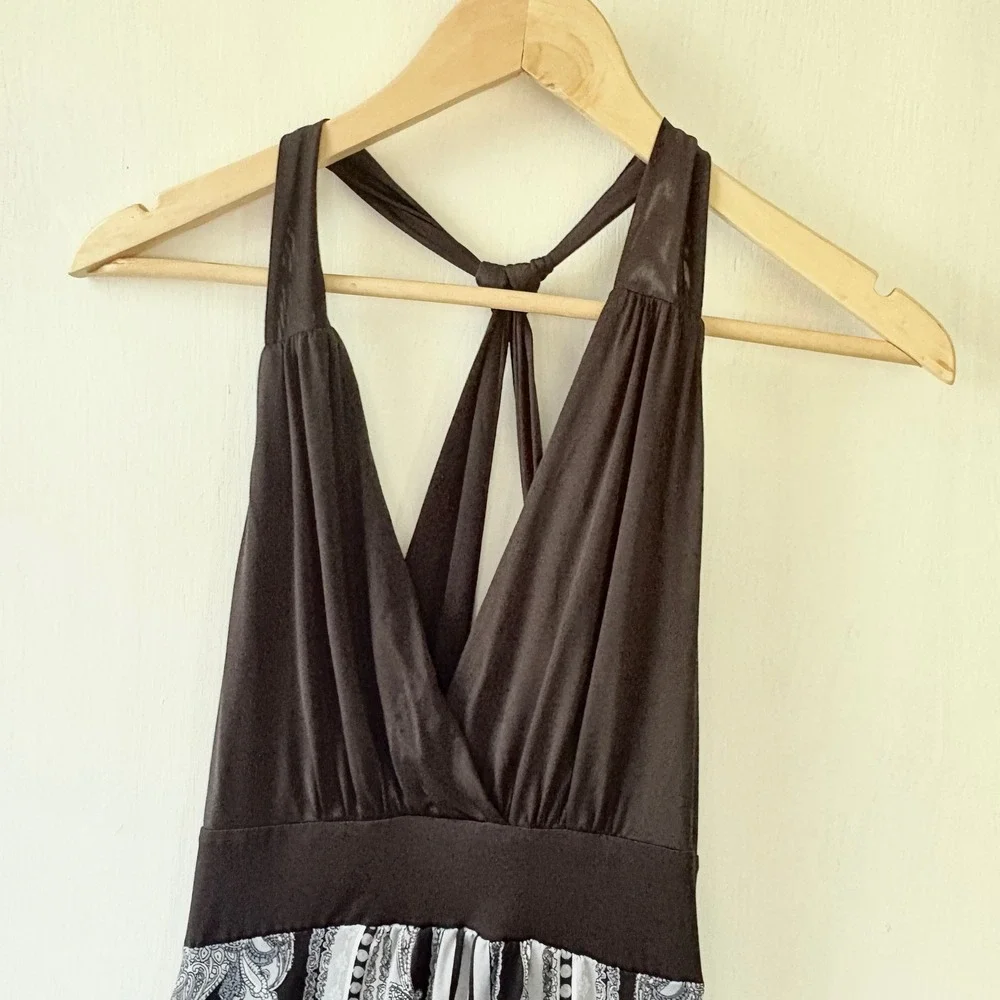 Medium Halter Dress MUSA USA Black Paisley Handkerchief Hem V‎ Neck Size Med y2k